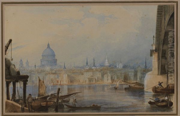 La cathedrale a Londres, vue du pont de Southwark Oil Painting by Jacques-Laurent Agasse