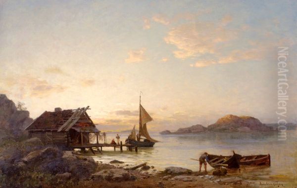 Aften ved kysten Oil Painting by Amaldus Nielsen