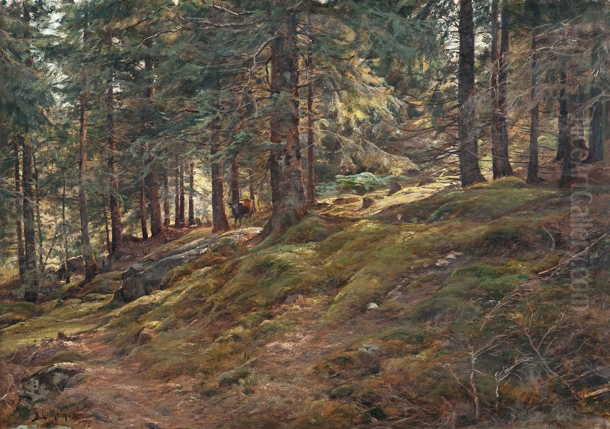 Valoa metsassa Oil Painting by Berndt Lindholm