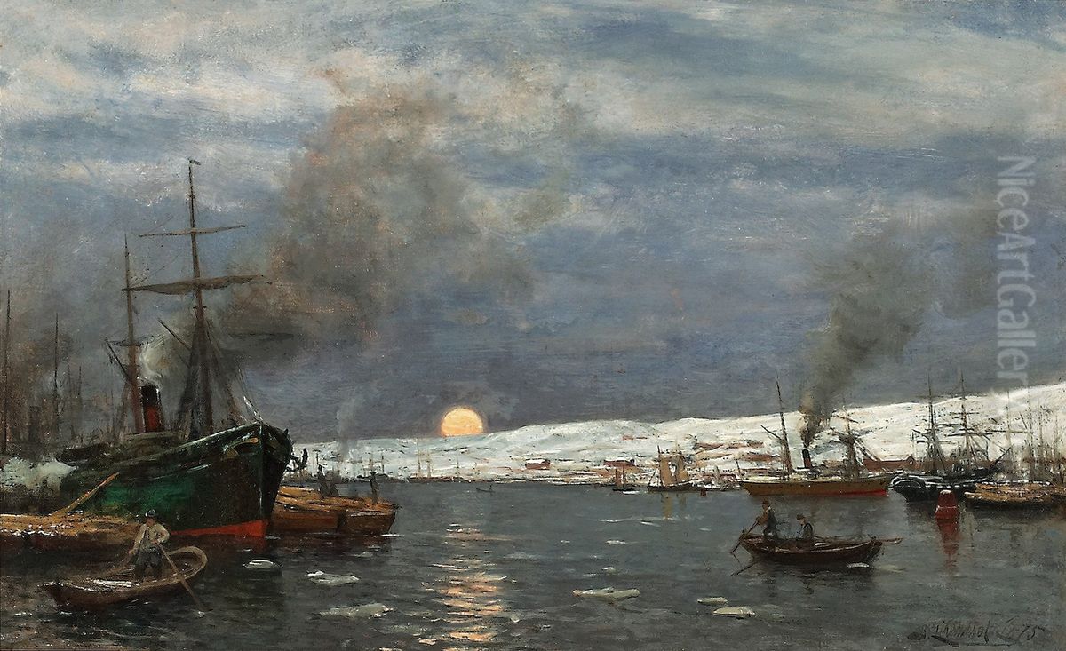 Satama kuutamossa Oil Painting by Berndt Lindholm