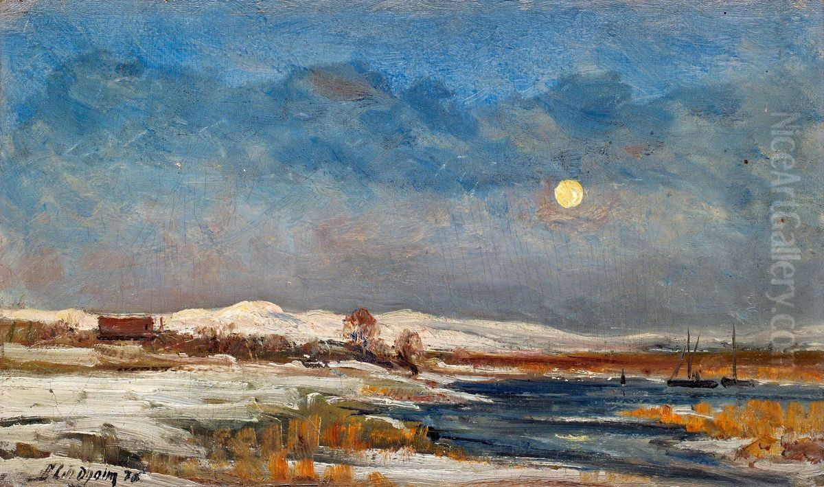 Moonlit winter landscape Oil Painting by Berndt Lindholm