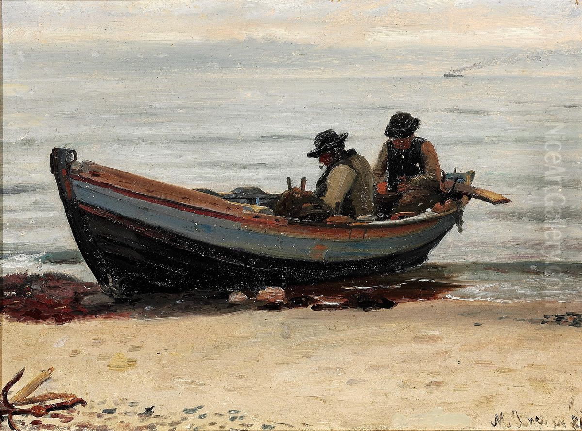 To fiskere der boder garn i deres bad pa stranden. Oil Painting by Michael Peter Ancher