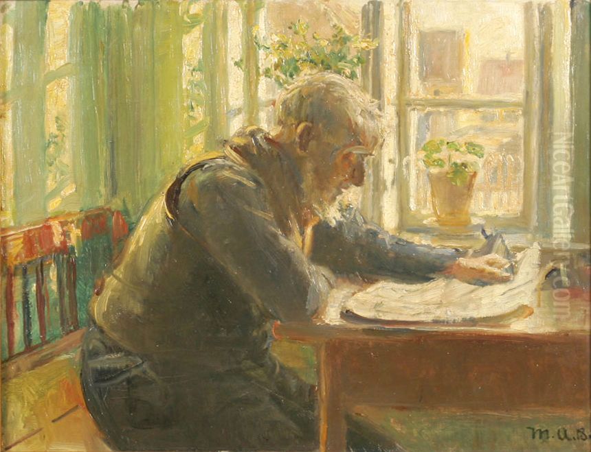 An old man reading his newspaper by the window. Oil Painting by Michael Peter Ancher