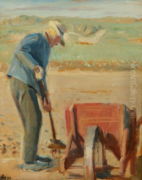 Fisker Ole Markstrom arbejder pa stranden. Oil Painting by Michael Peter Ancher