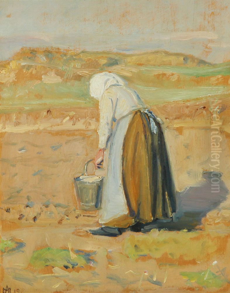 Ole Markstroms hustru arbejder pa stranden. Oil Painting by Michael Peter Ancher