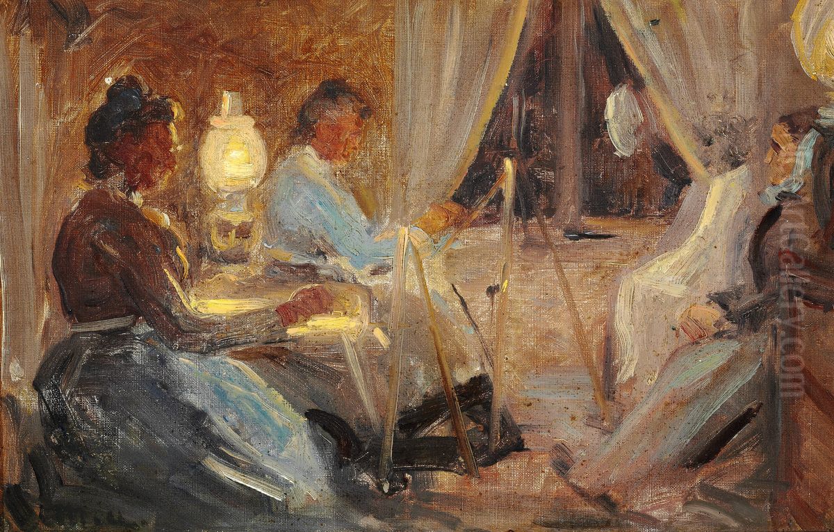 Interior med to kvinder, der portraetterer fru Ane Brondum. Oil Painting by Michael Peter Ancher