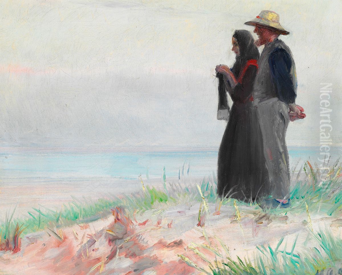 Strikkende skagenskone og hendes mand pa stranden. Oil Painting by Michael Peter Ancher