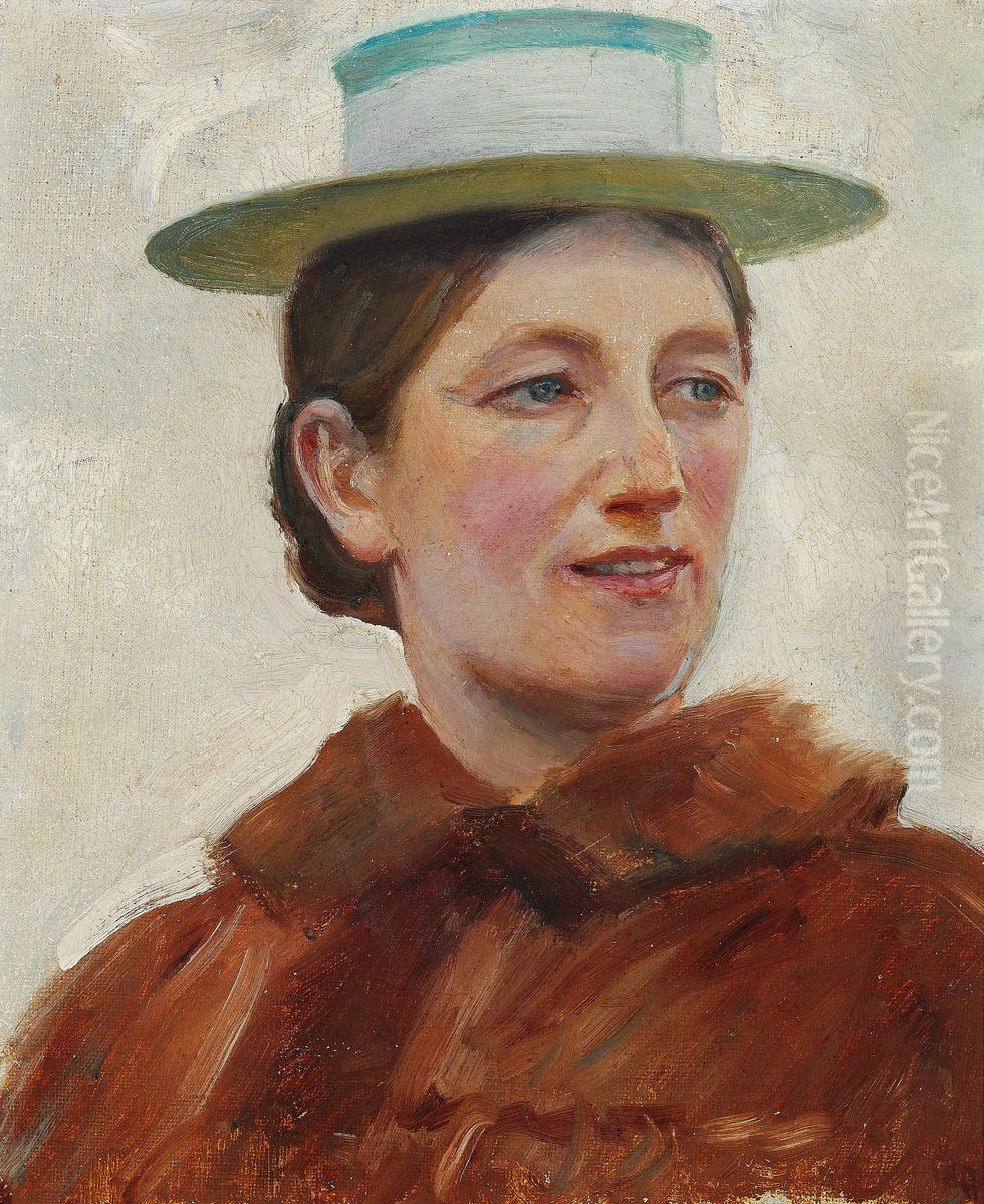 Portraet af Anna Ancher med gronstribet strahat. Oil Painting by Michael Peter Ancher