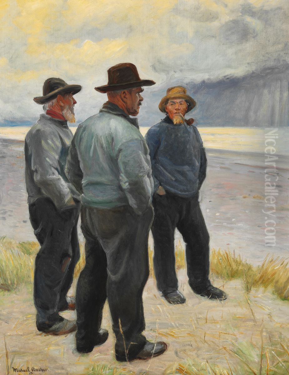 Tre fiskere pa Skagen Strand. Oil Painting by Michael Peter Ancher