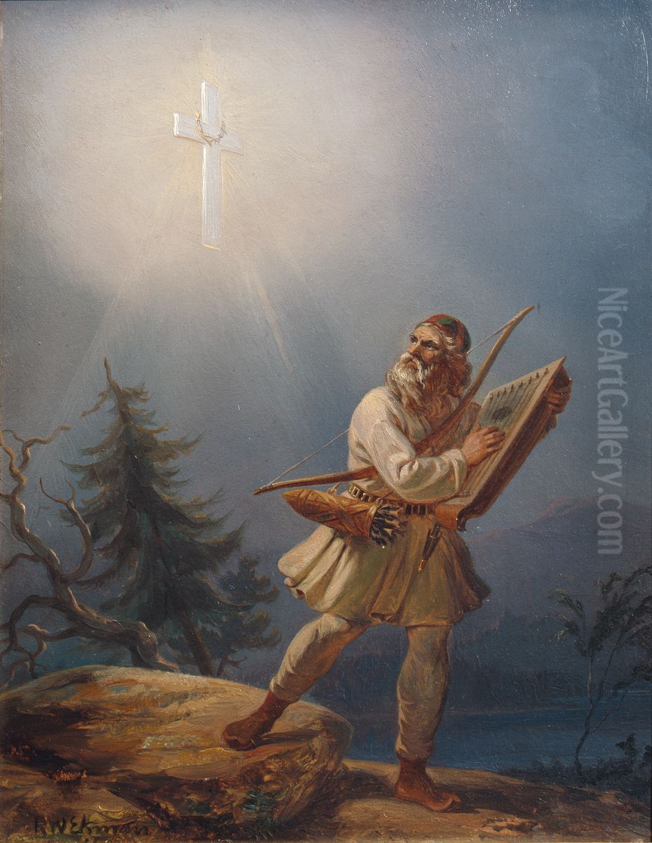 Pakeneva pakanuus; Vainamoinen vaistyy ristin mahtia Oil Painting by Robert Wilhelm Ekman