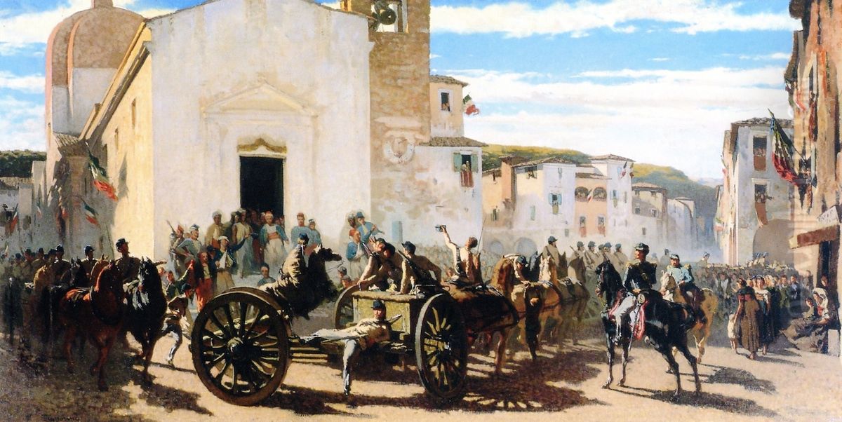 The Tuscan artillery at Montechiaro greeted by the French wounded at Solferino Oil Painting by Telemaco Signorini