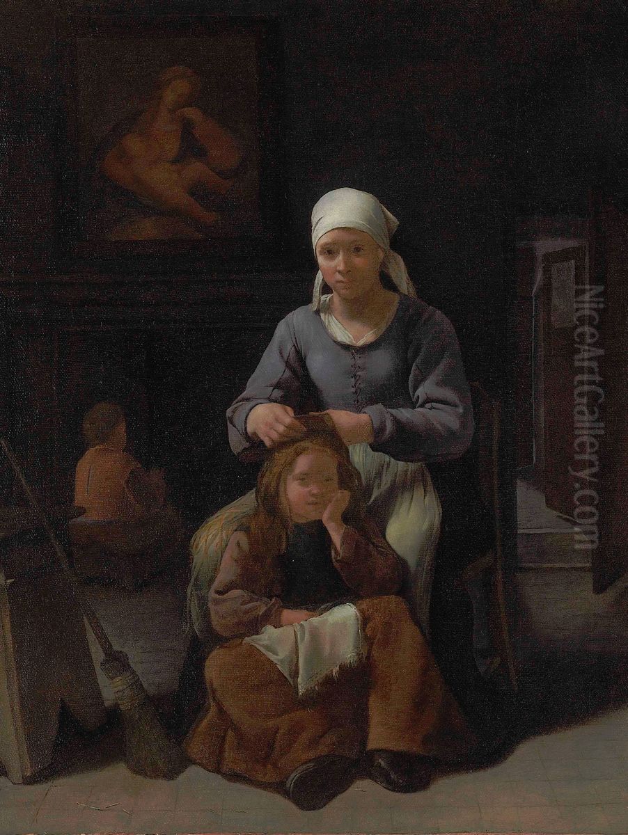 Woman in an interior delousing a child Oil Painting by Michiel Sweerts