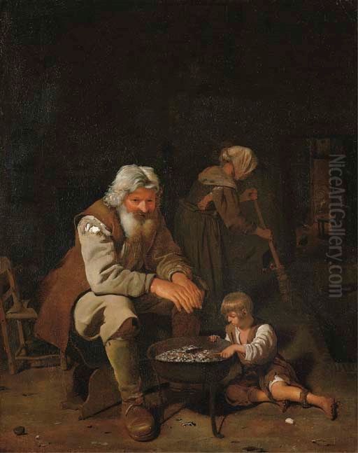 Interior with an old man and a boy by a fire pit and a woman sweeping the floor (Allegory of Winter) Oil Painting by Michiel Sweerts