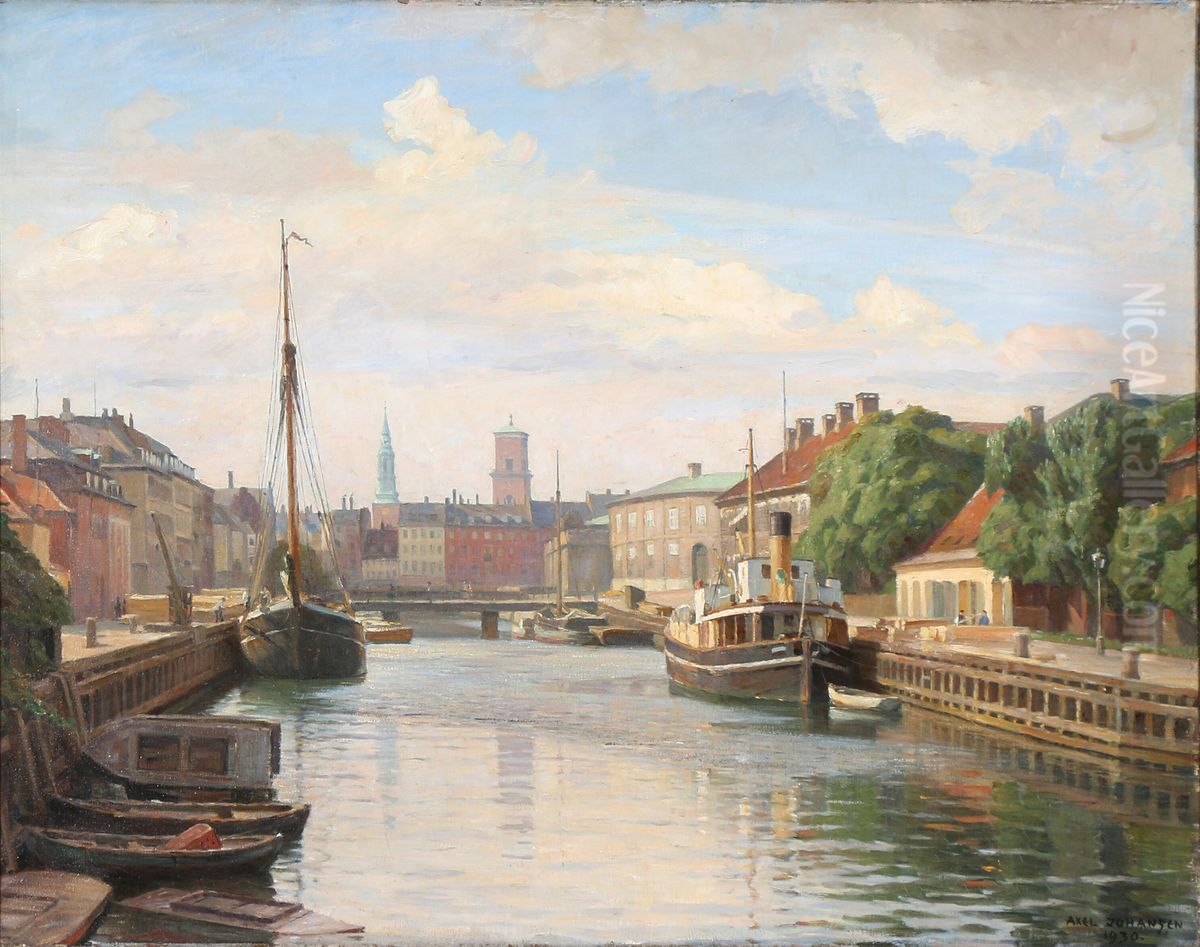 Frederiksholms Kanal with the Church of Our Lady in the distance. (1930) Oil Painting by Axel Johansen