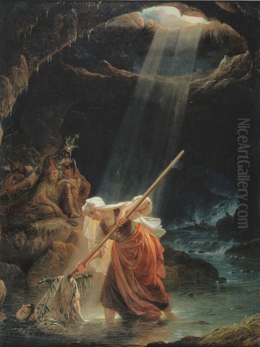 Lemminkainen's Mother at Tuonela Oil Painting by Robert Wilhelm Ekman