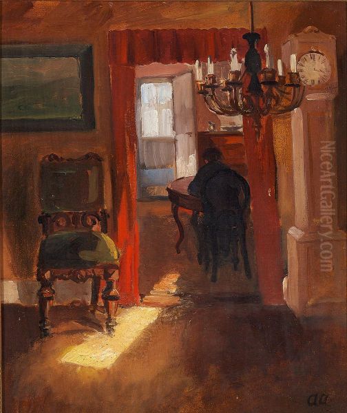 Skageninterior med en solstribe pa gulvet. Oil Painting by Anna Ancher