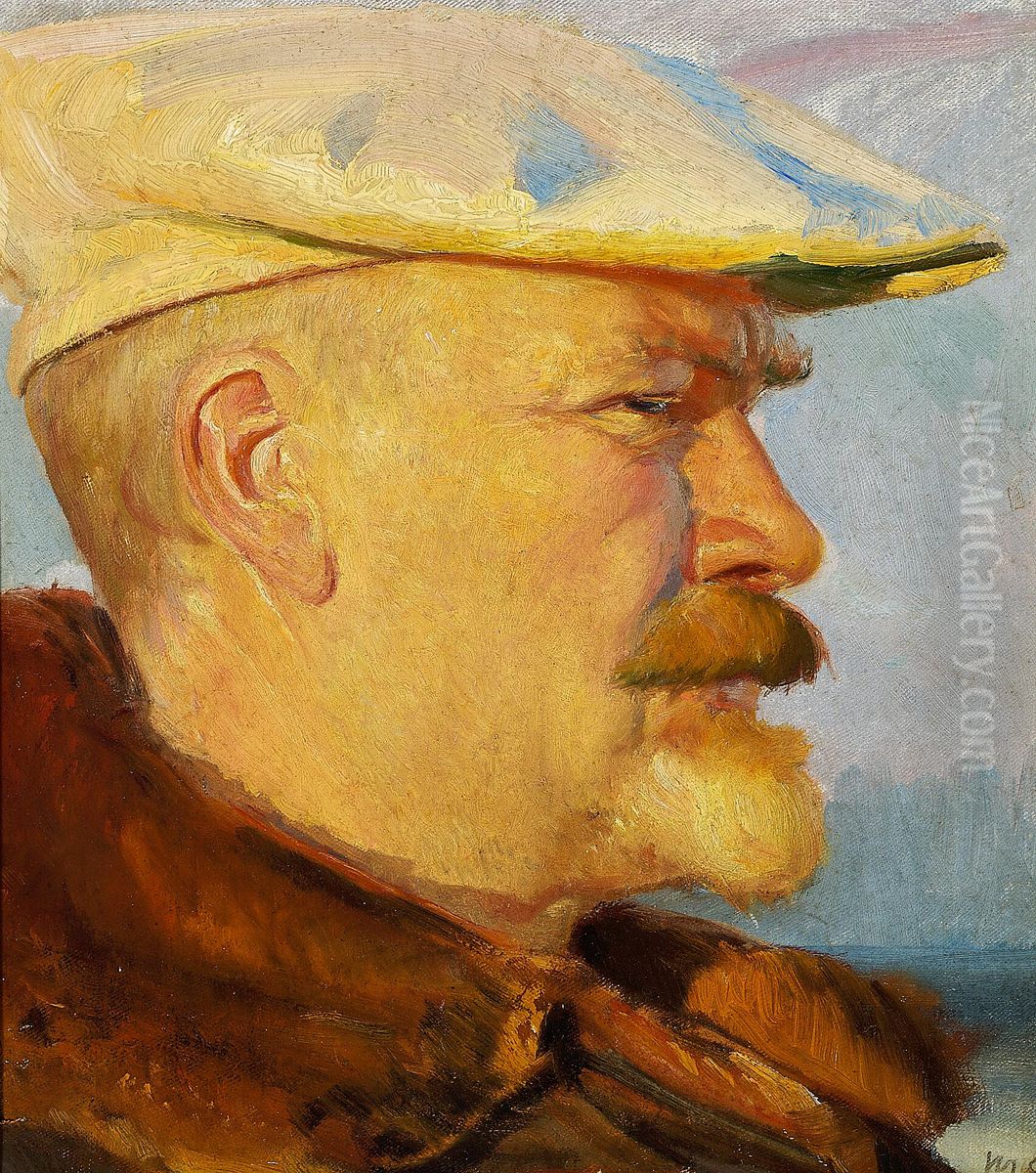 Selvportraet i aftensol med hvid malerkasket. Oil Painting by Michael Peter Ancher