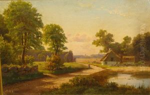A woman walking near a village pond in summer.