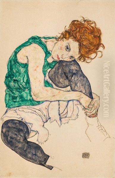 Sitzende Frau mit angezogenem Knie (Adele Herms) Oil Painting by Egon Schiele