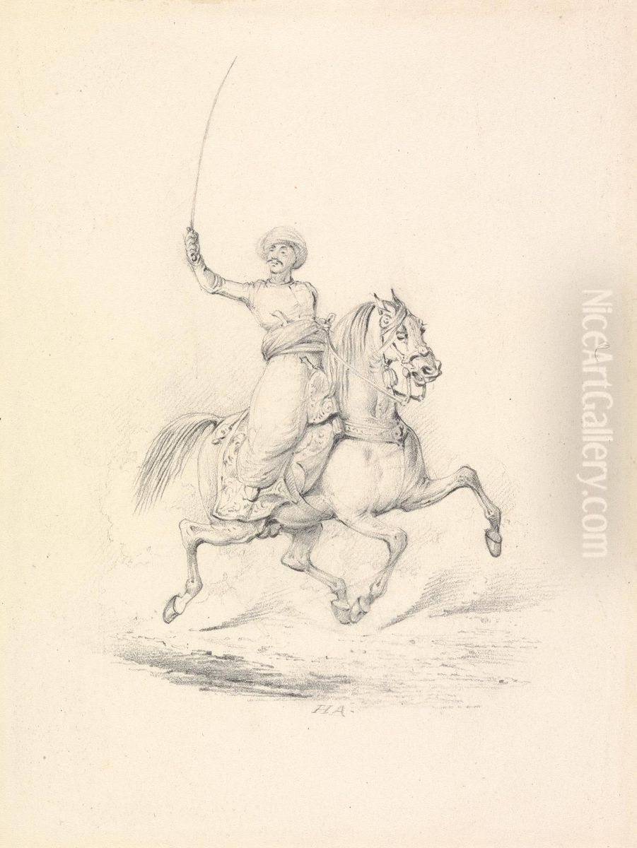 Turbaned Cavalryman, Right Arm with Curved Sword Upraised Oil Painting by Henry Thomas Alken