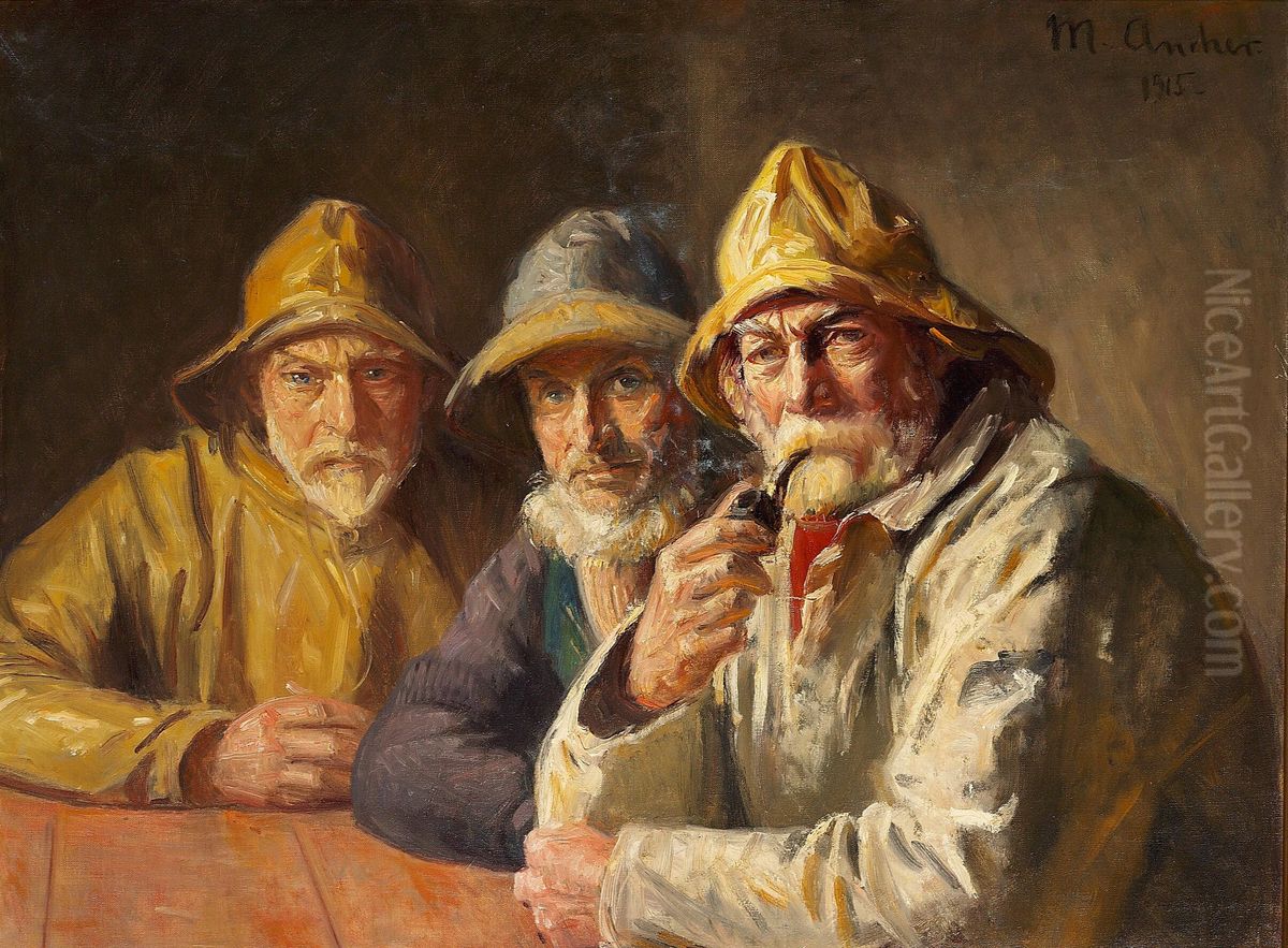 Fishermen in Brondum's grocery. Oil Painting by Michael Peter Ancher