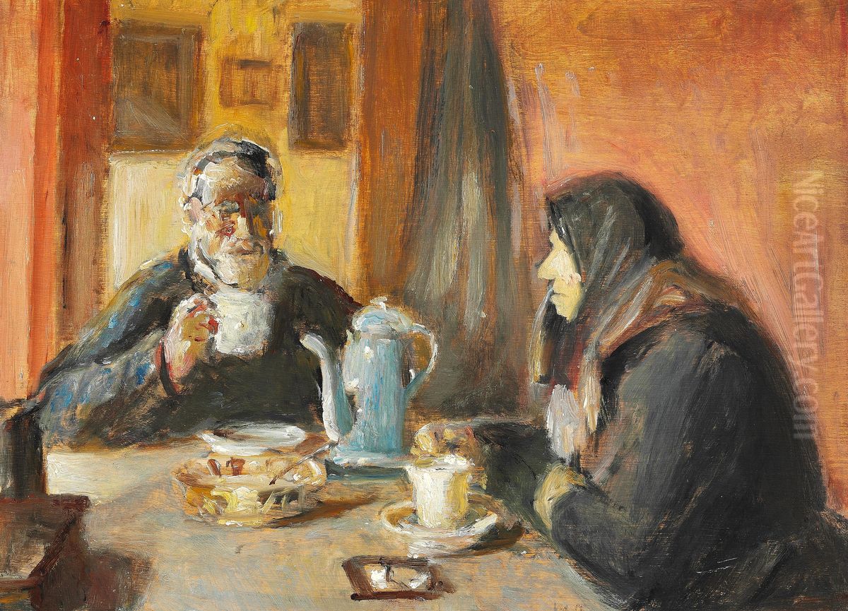Interior with an elderly couple drinking coffee. Oil Painting by Michael Peter Ancher