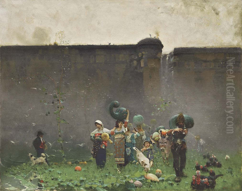 The harvest of pumpkins Oil Painting by Francesco Paolo Michetti