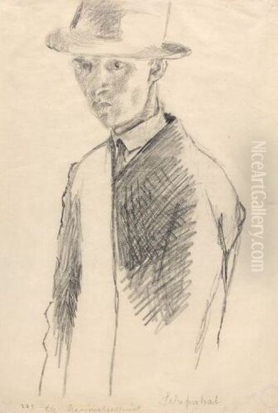 Selvportrett med hatt og frakk Oil Painting by Bjarne Ness