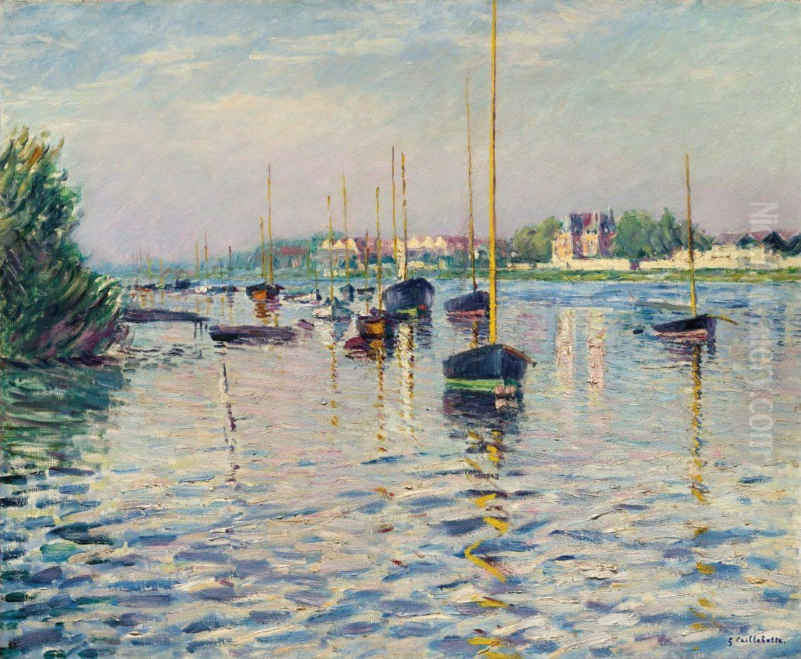Boats at anchor on the Seine at Argenteuil Oil Painting by Gustave Caillebotte