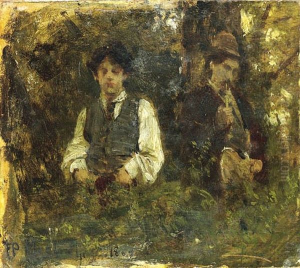Artista (Michetti) con il pittore Edoardo Dalbono nel bosco di Capodimonte Oil Painting by Francesco Paolo Michetti
