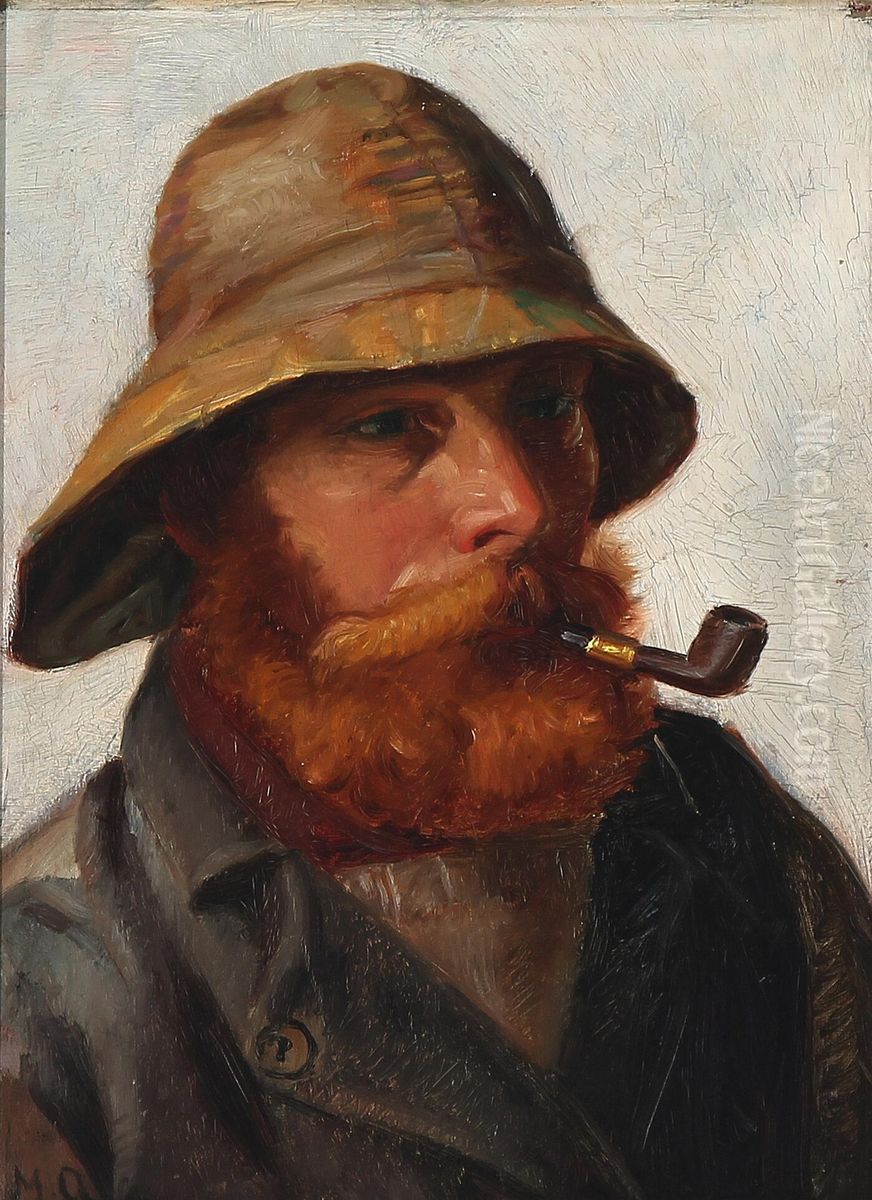 Red-bearded fisherman with a yellow souwester smoking a pipe. Oil Painting by Michael Peter Ancher