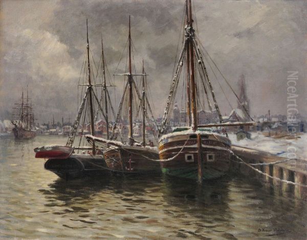 Winter in the port of Stettin Oil Painting by Eduard Krause-Wichmann