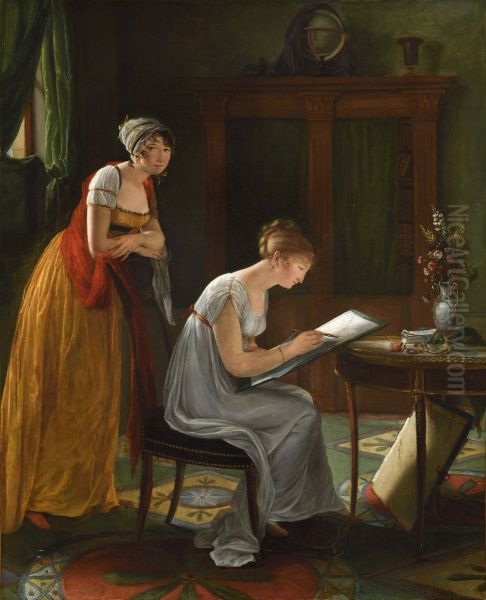 Woman artist giving a drawing lesson (Self-portrait) Oil Painting by Louise-Adeone Drolling