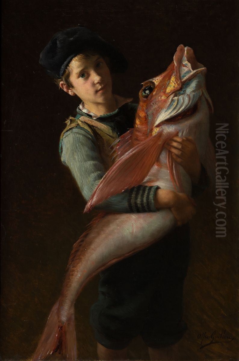 It was my father who caught it! Oil Painting by Alfred Guillou