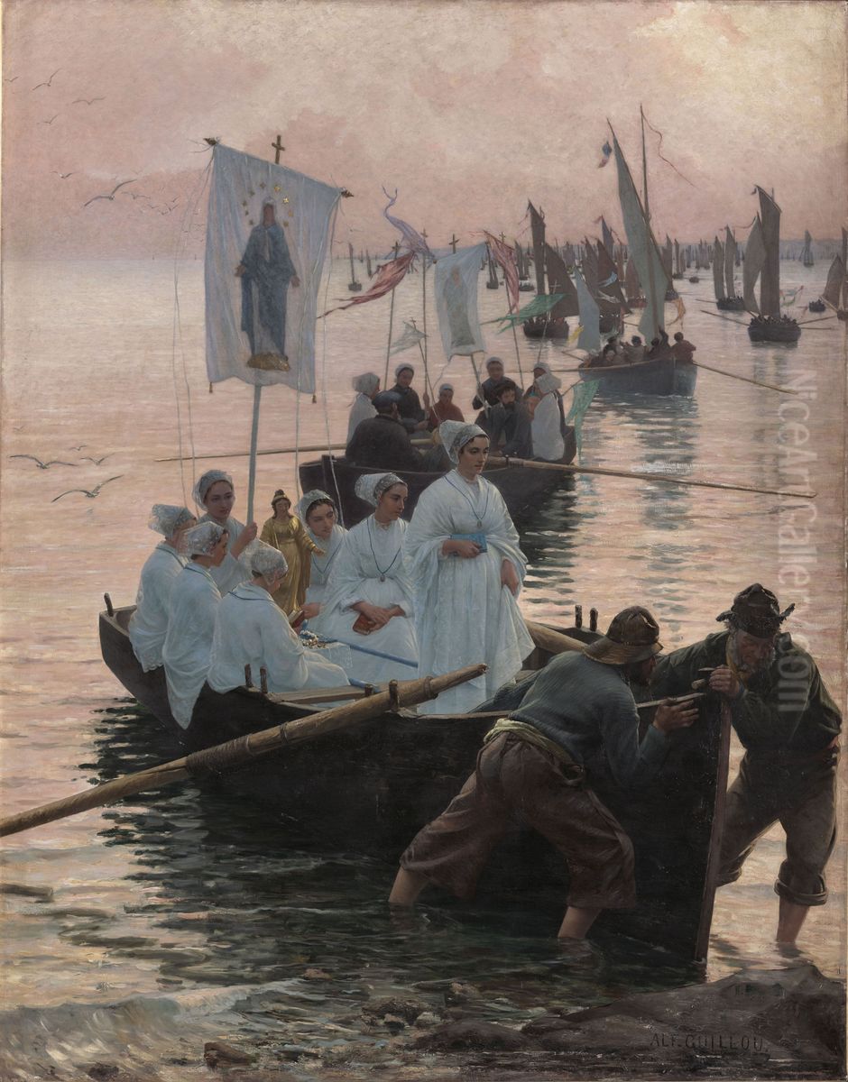 Arrival of the pardon of Saint Anne de Fouesnant in Concarneau Oil Painting by Alfred Guillou