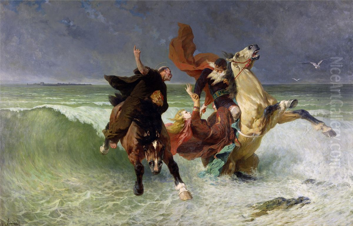 Fuite de Gradlon Oil Painting by Evariste Vital Luminais