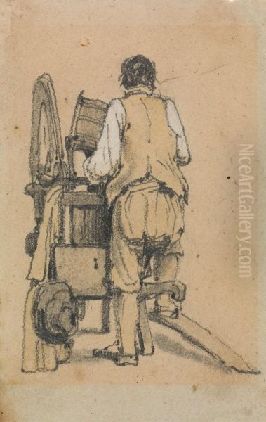 A Laborer Seen From Behind Operating a Machine Oil Painting by Samuel Prout