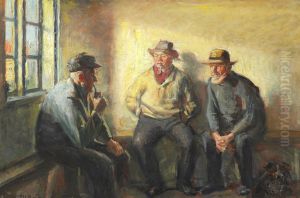 Interior with three fishermen.