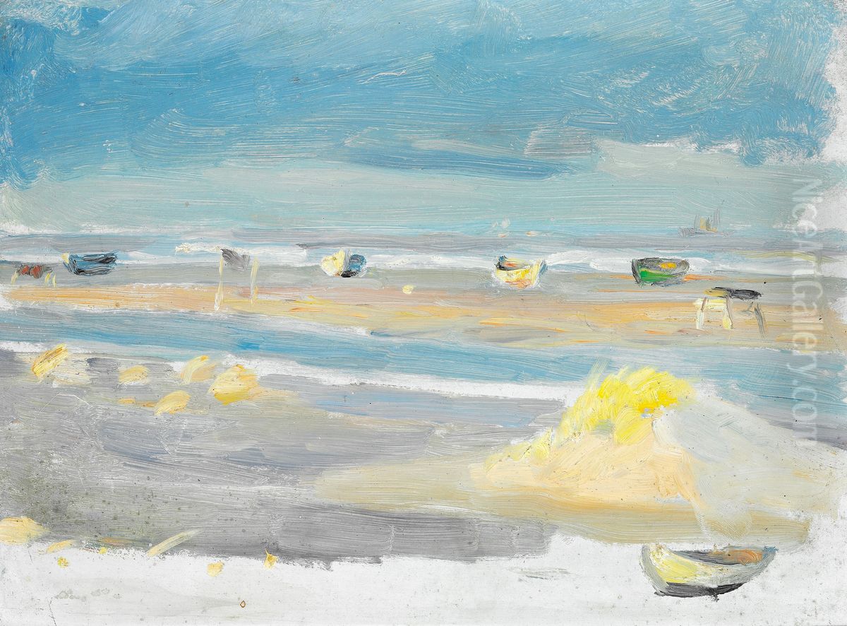 Strandparti med optrukne bade. Oil Painting by Anna Ancher
