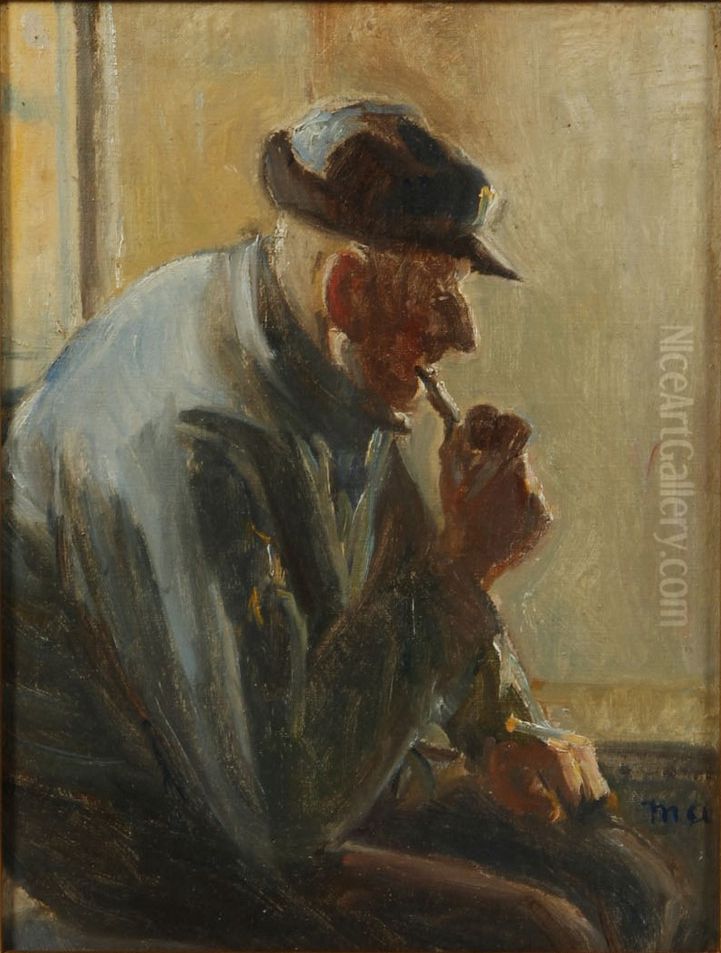 Interior with a fisherman smoking a pipe. Oil Painting by Michael Peter Ancher