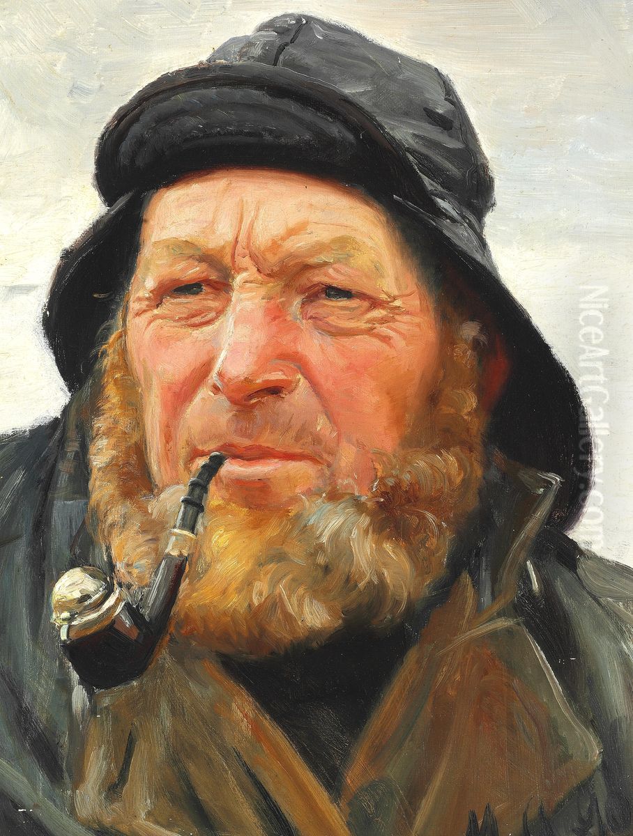 Skagensfiskeren Ole Svendsen med pibe og sydvest. Oil Painting by Michael Peter Ancher