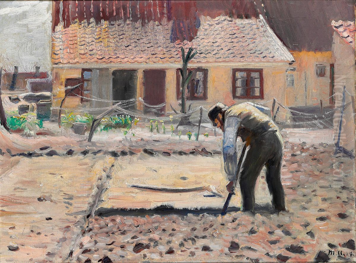 Senius is working in his kitchen garden. Oil Painting by Michael Peter Ancher