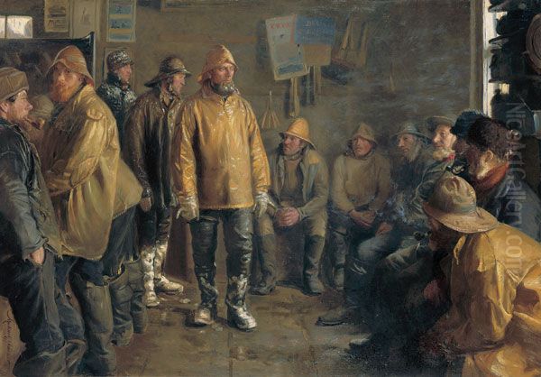 In the grocery store a winter day when there is no fishing Oil Painting by Michael Peter Ancher