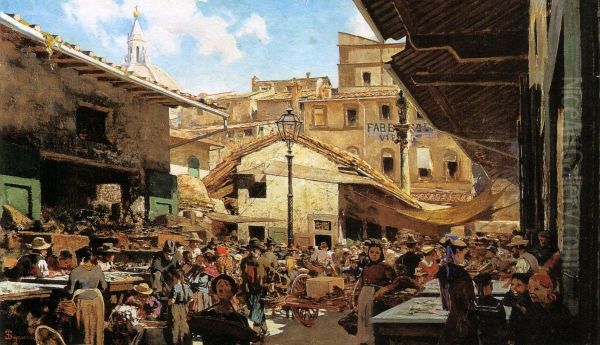 The 'Mercato Vecchio' square in Florence Oil Painting by Telemaco Signorini