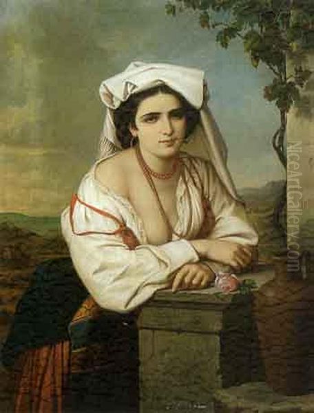 Young woman from Rome before Campagna landscape Oil Painting by Augusto Tominz