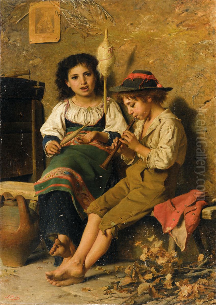Spinnerin und Flotenspieler Oil Painting by Luigi Bechi