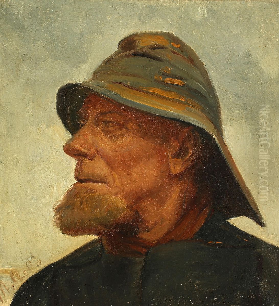 Portraet af fisker Jens Diget med sydvest. Oil Painting by Michael Peter Ancher