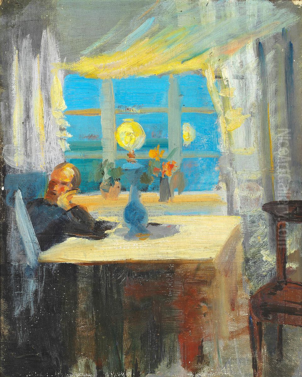 Michael Ancher reading the newspaper. Oil Painting by Anna Ancher