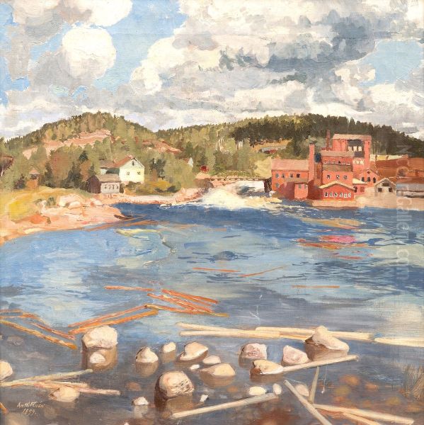 Tehdas kosken rannalla Oil Painting by Antti Faven