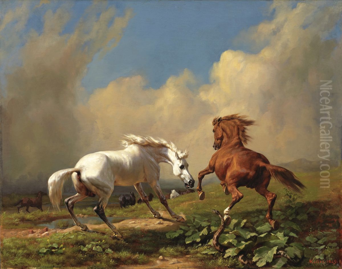 Horses balking at approaching storm Oil Painting by Rudolf Koller